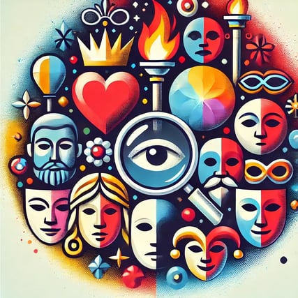 DALL·E 2024-09-24 09.23.03 - A colorful illustration featuring a variety of brand archetype symbols, such as a crown for The Ruler, a heart for The Lover, a torch for The Her